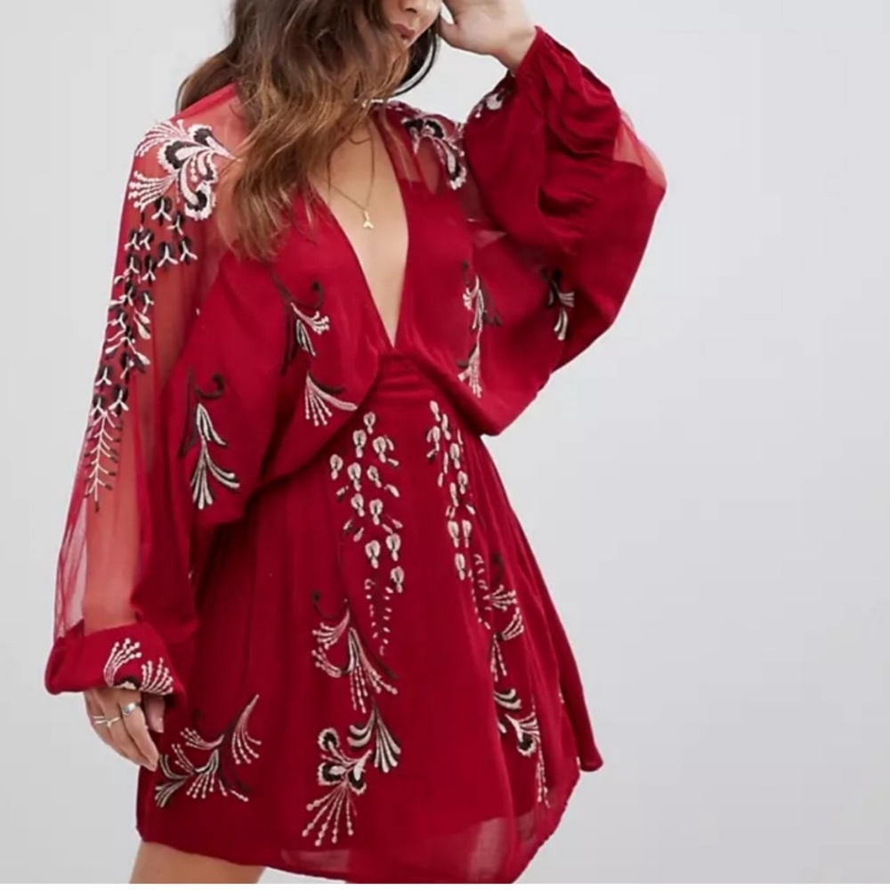 Free People Bonjour Floral Embroidered Long Sleeve Mini Dress Size Small Red - Picture 3 of 13